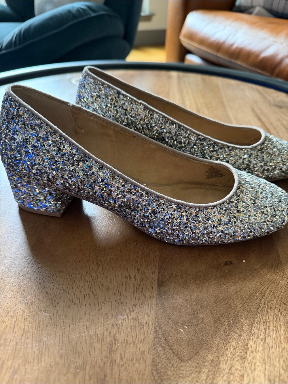 Never worn! Glitter Block Heel Pumps - Silver Sparkle
